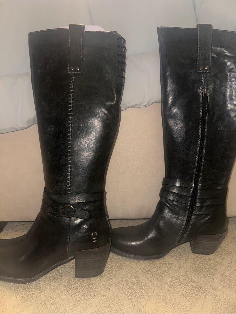 Bed Stu Black Leather Knee-High Heeled Riding Boots